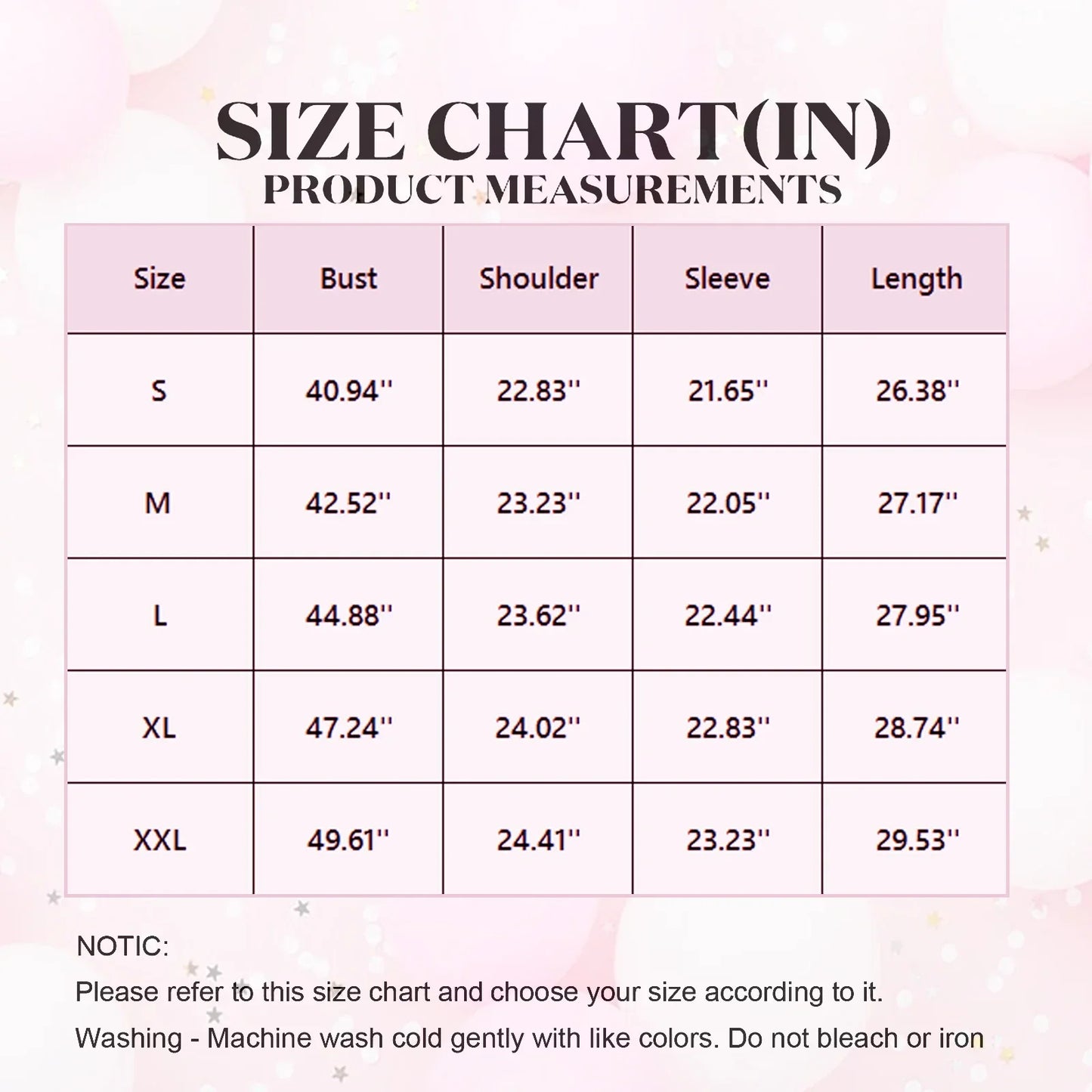 Size chart for product measurements with bust, shoulder, sleeve, and length dimensions.