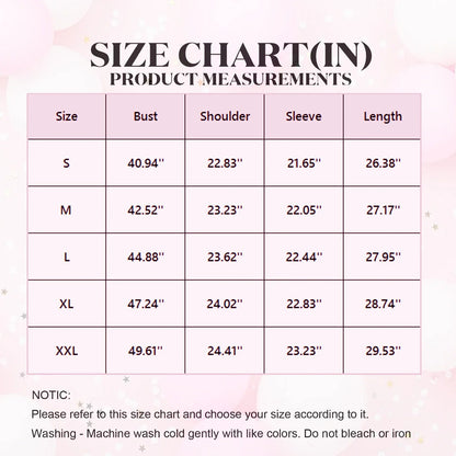 Size chart for product measurements with bust, shoulder, sleeve, and length dimensions.