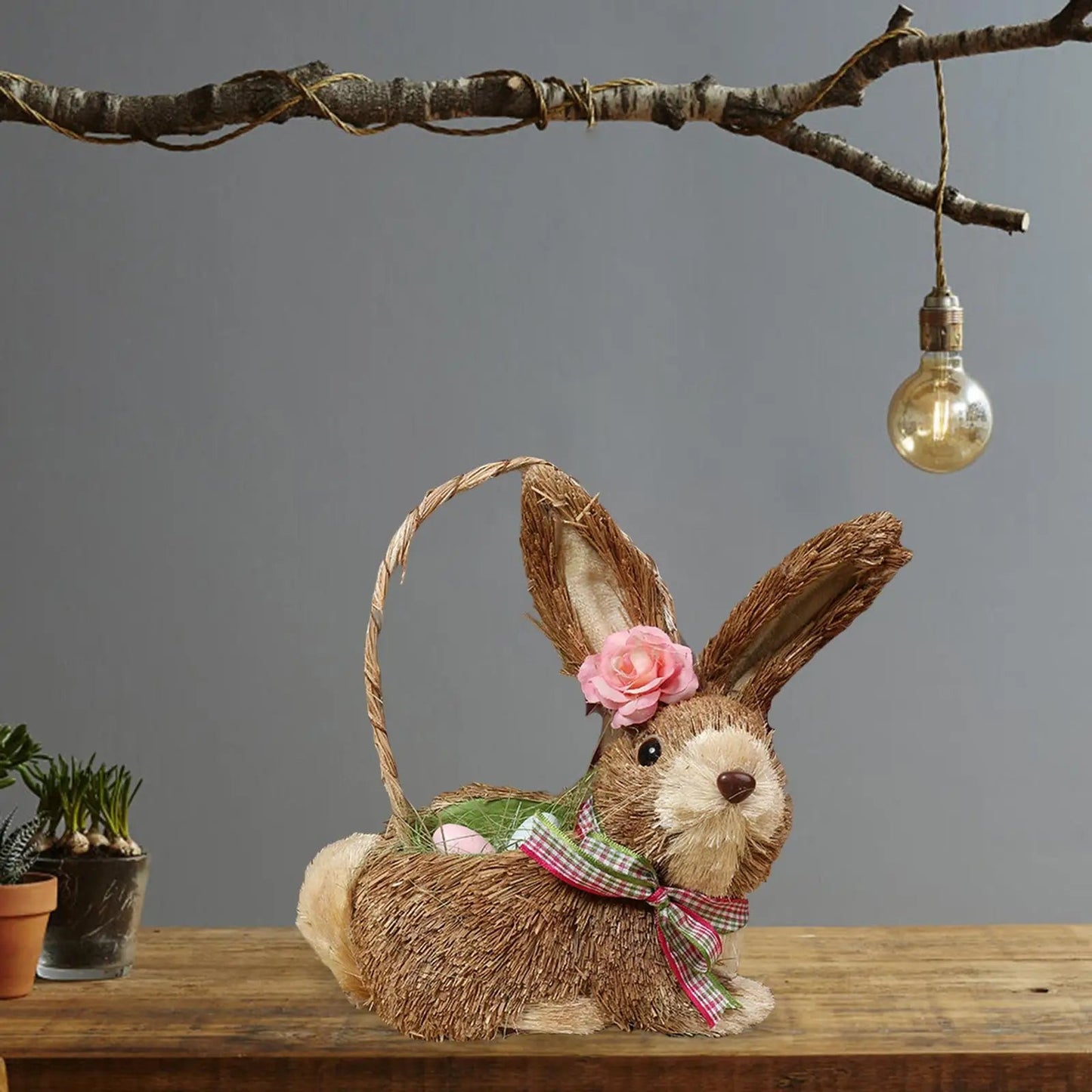 Straw Rabbit With Filled Eggs Basket Decor - ALOE WINGS STORE