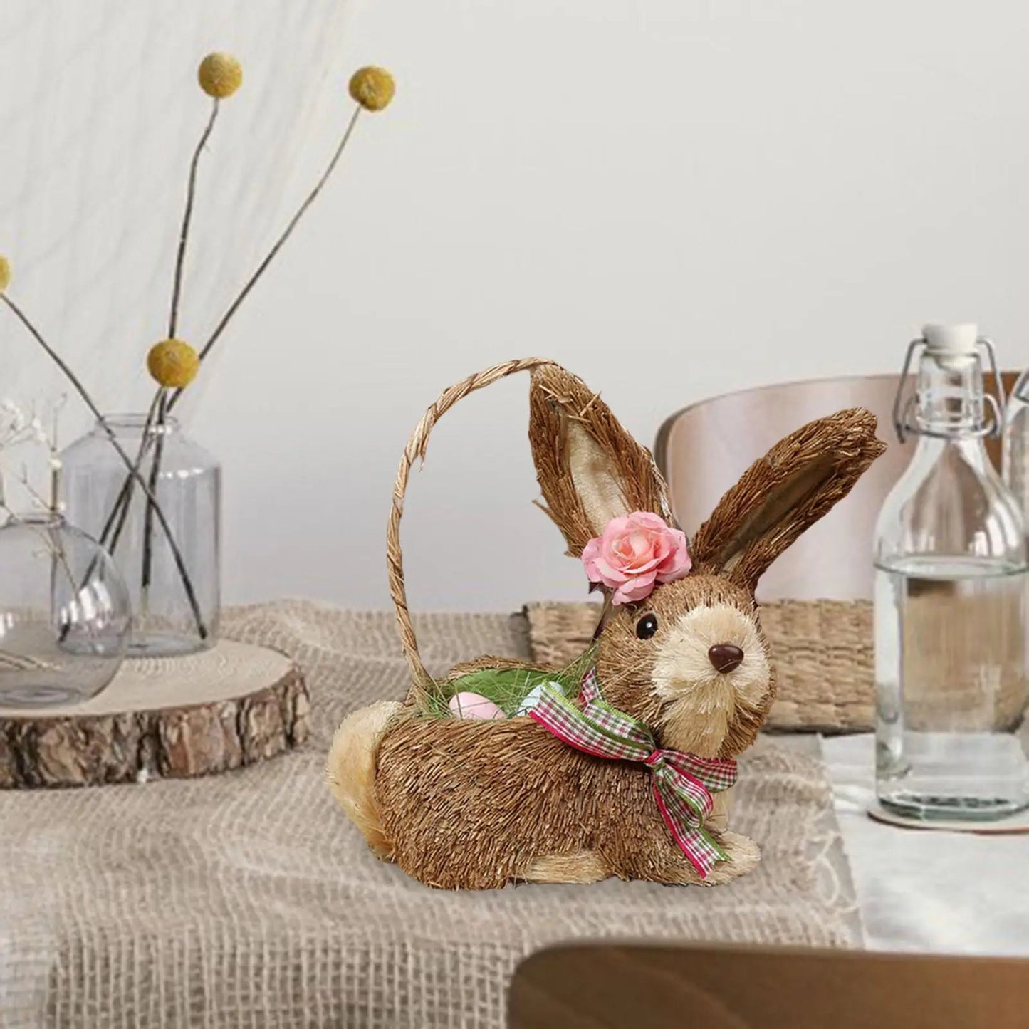 Straw Rabbit With Filled Eggs Basket Decor - ALOE WINGS STORE