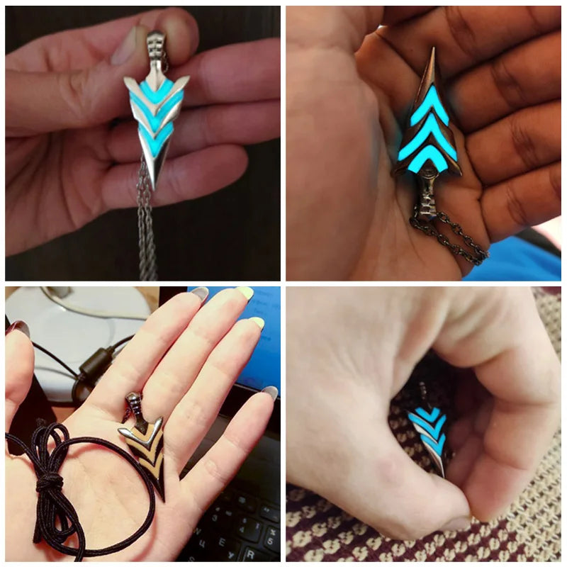 Collage of turquoise arrow-shaped jewelry items held in hands.