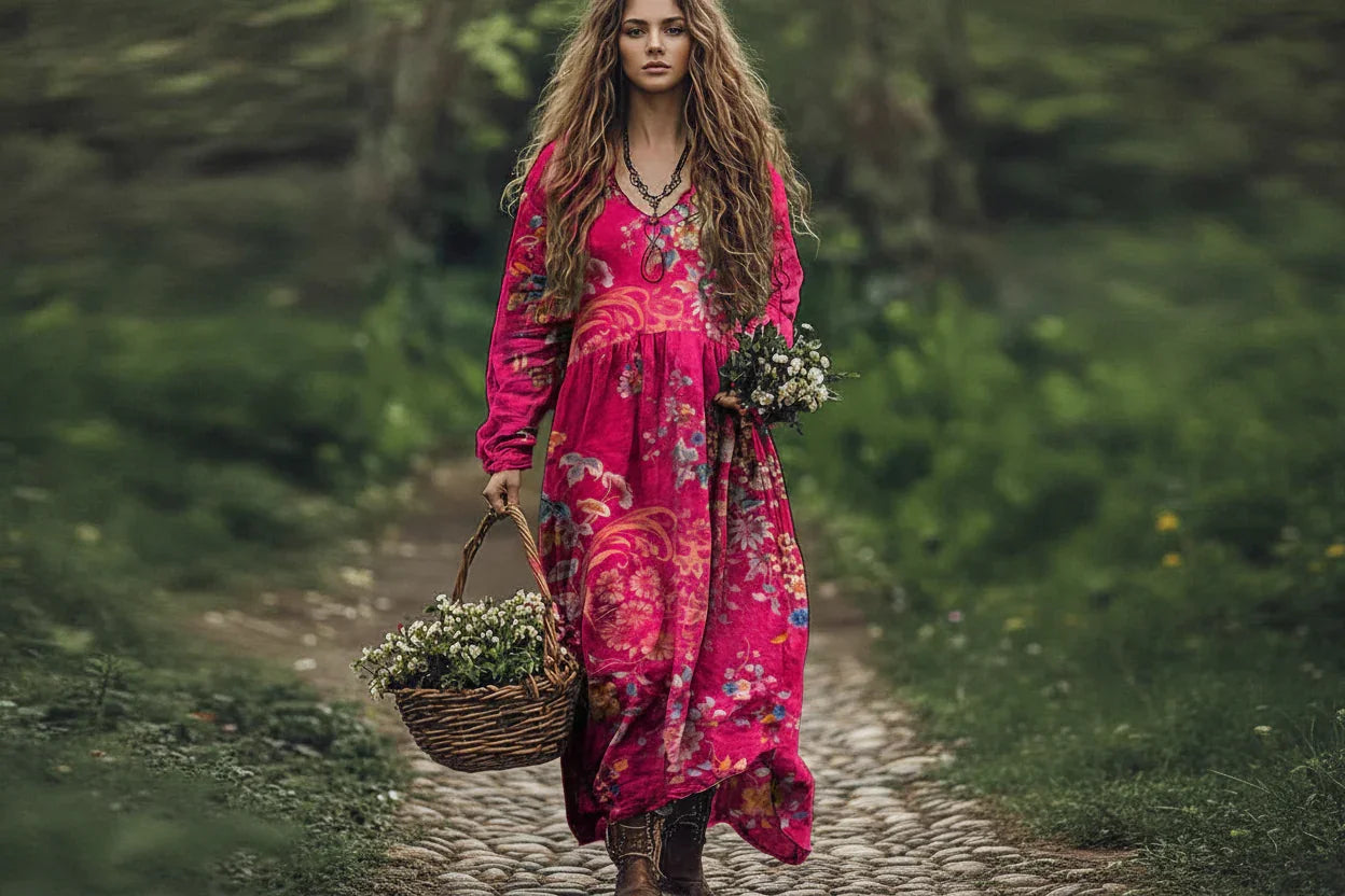Woman in a vibrant red floral dress holding a basket of flowers outdoors.
