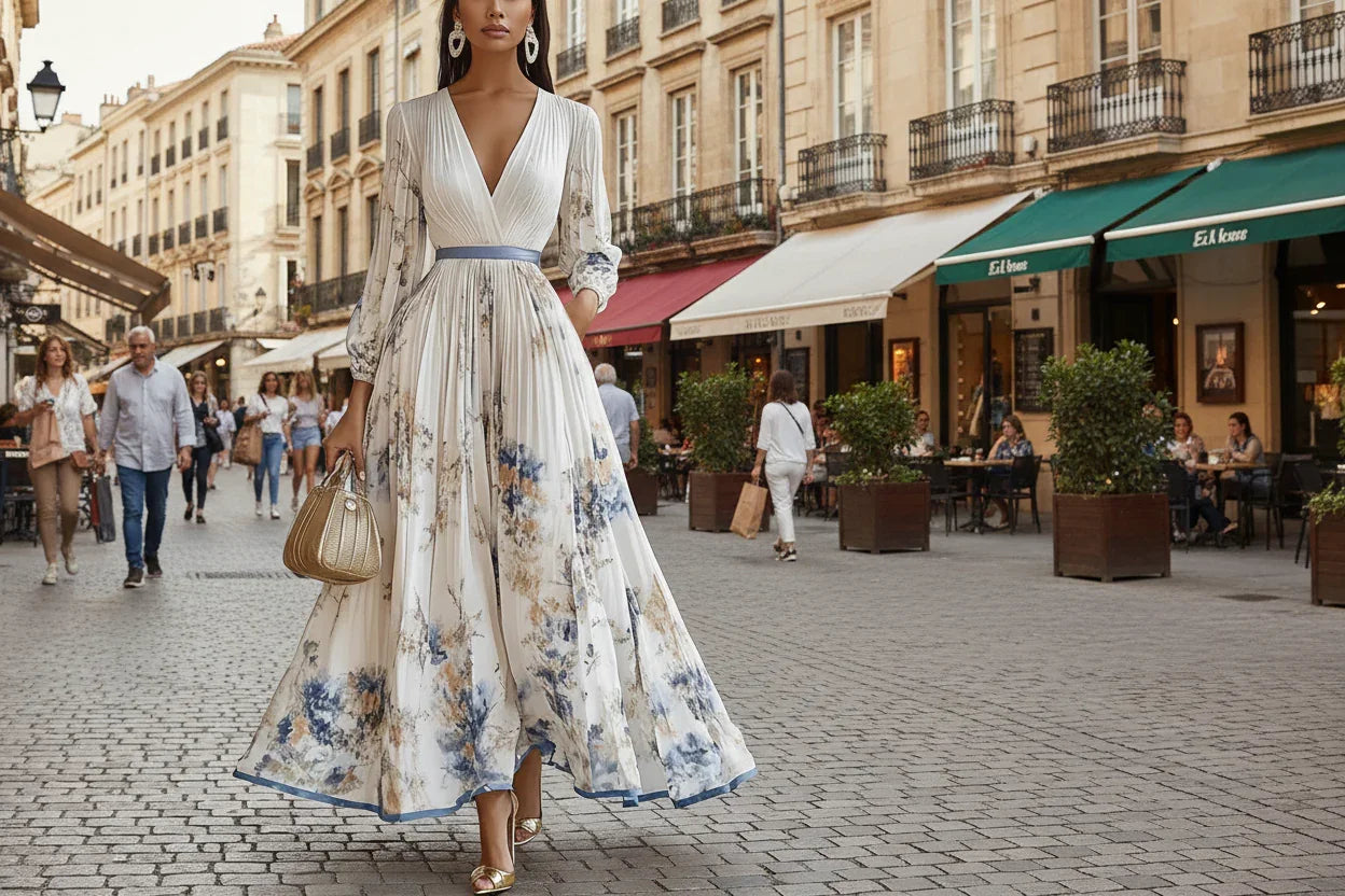 Woman in a floral dress walking through a city street with shops and people in the background.