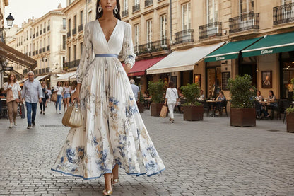 Woman in a floral dress walking through a city street with shops and people in the background.